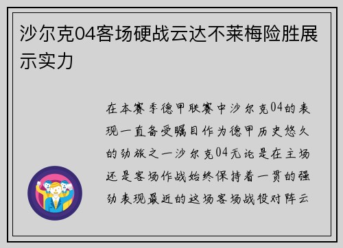 沙尔克04客场硬战云达不莱梅险胜展示实力